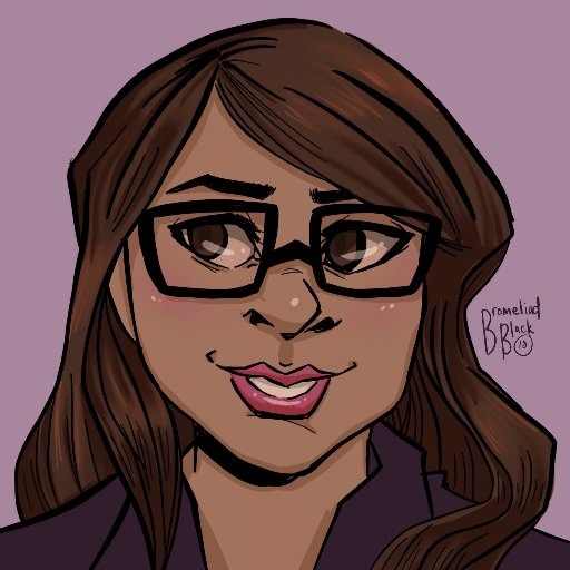 Illustration of Claire with light skin, long brown hair, and black square glasses.