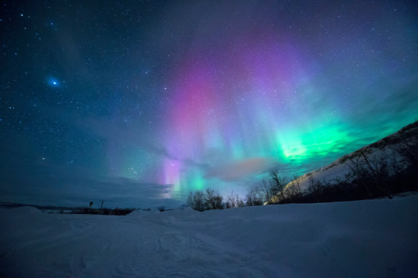 Photograph of a snowy landscape at night with the Aurora Borealis in the sky with stars in the background.